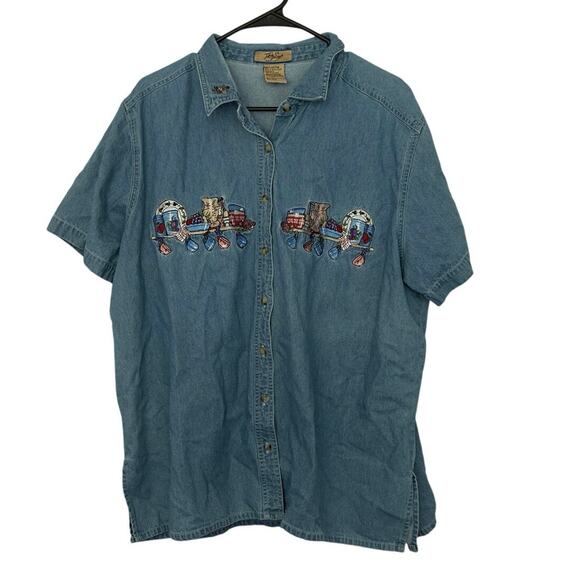 Just My Size Tops - Vintage Just My Size Denim Button Down Shirt Size 18W/20W Embroidery Grandmacore